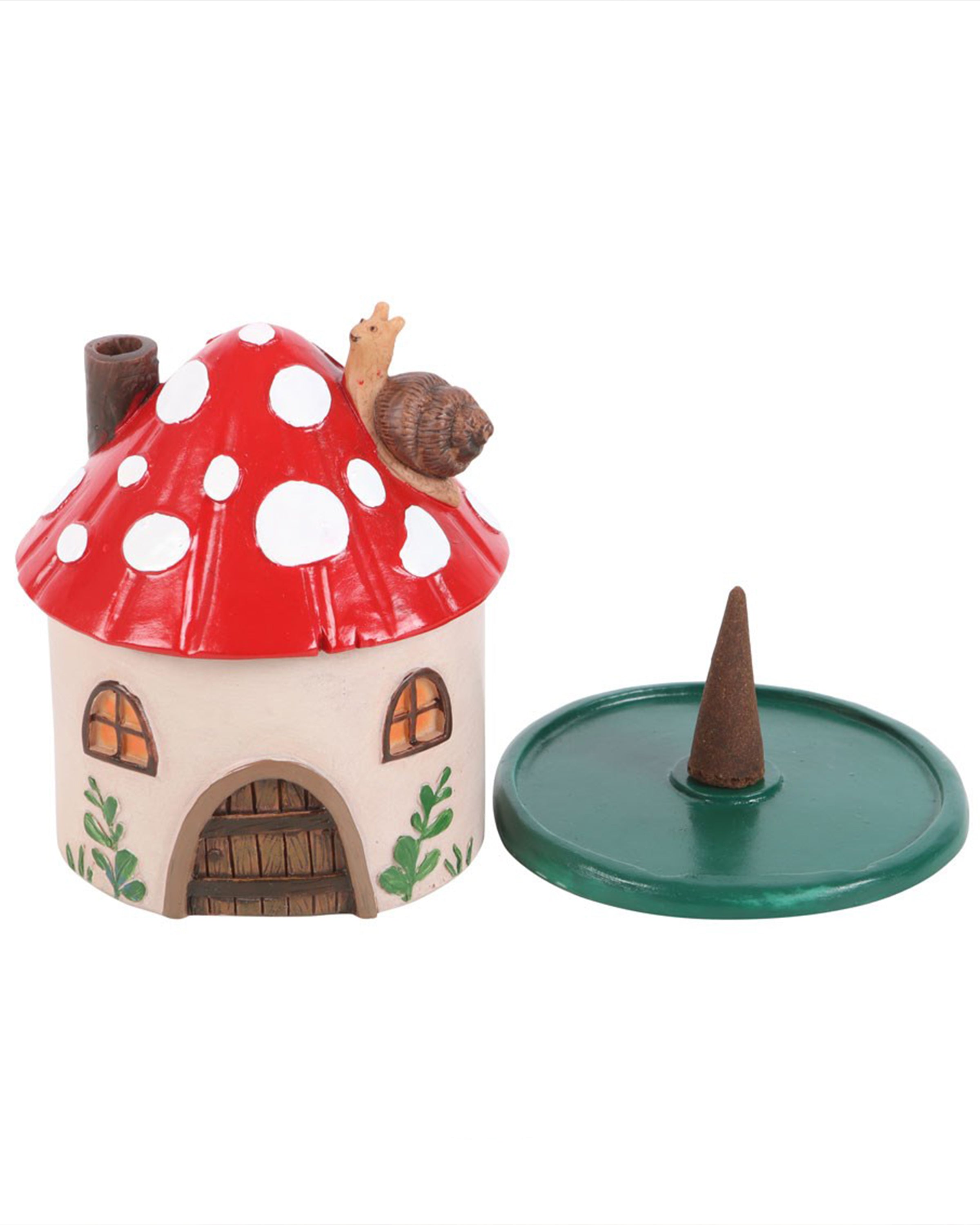 The incense cone burner is shown with its base open and an incense cone placed beside it. The green base plate holds the cone while the house fits over it. A magical gift idea from Rebel Romance.