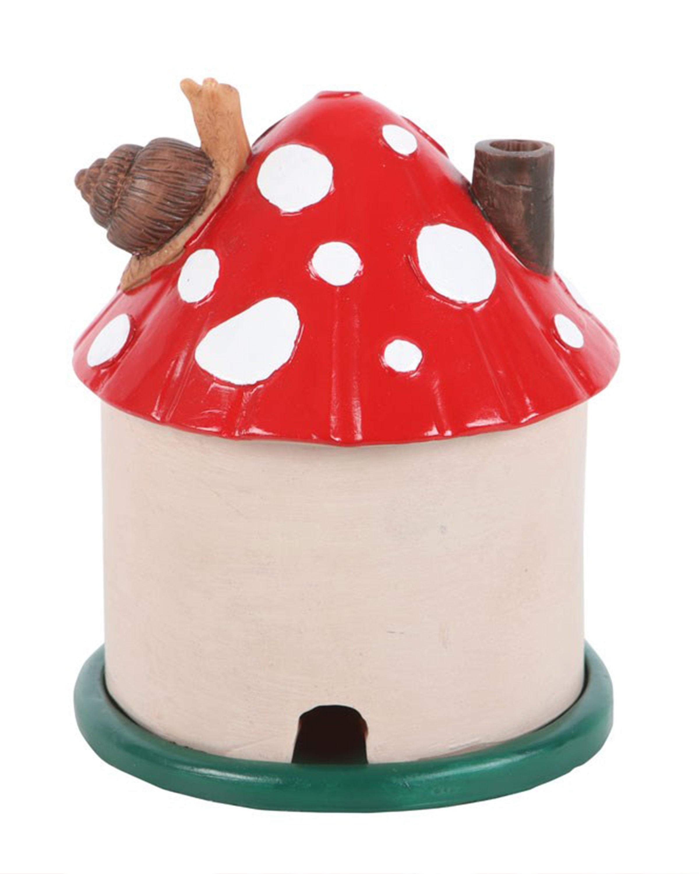 Back view of the Mushroom House Incense Cone Burner, showing a smoke hole at the base. The red roof is dotted with white spots, and a snail sits on top. A quirky gothic home accessory from Rebel Romance.
