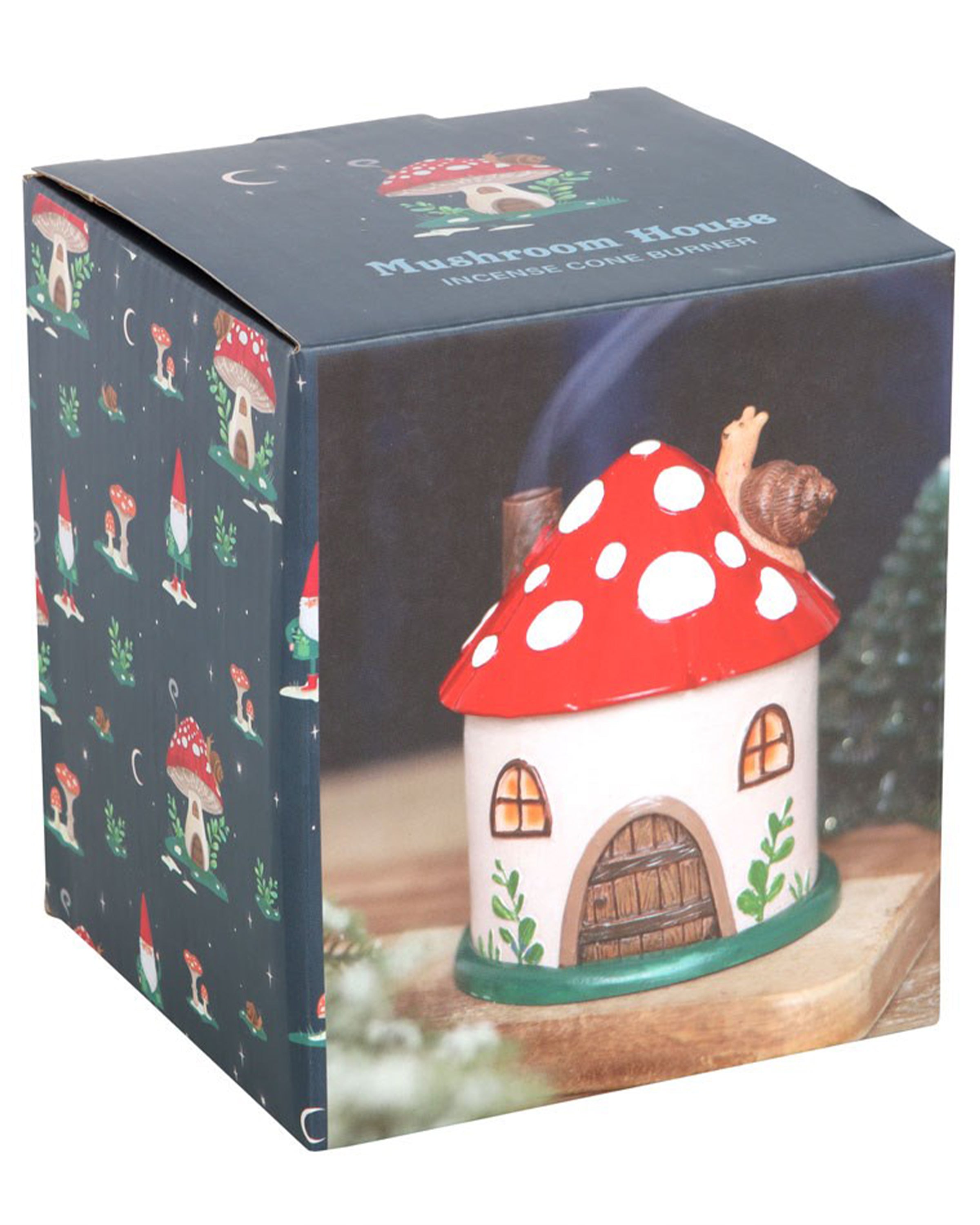 A dark blue gift box showing the Mushroom House Incense Cone Burner. The packaging features gnome and toadstool illustrations and product photos. Ideal for gifting. Sold by Rebel Romance, a UK brand celebrating magical alt style.