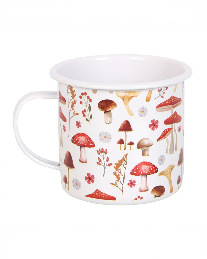 A top-down perspective of the mushroom print enamel mug, highlighting its smooth white interior and lightweight build. The earthy mushroom illustrations bring a touch of whimsical nature to your tea time.