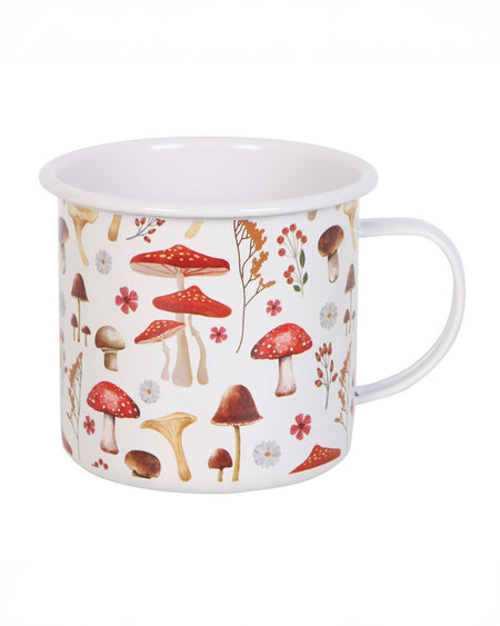 A close-up of the Rebel Romance enamel mug, showcasing its hand-illustrated mushroom design against a crisp white background. The lightweight metal mug is durable and perfect for outdoor adventures or cosy tea breaks.