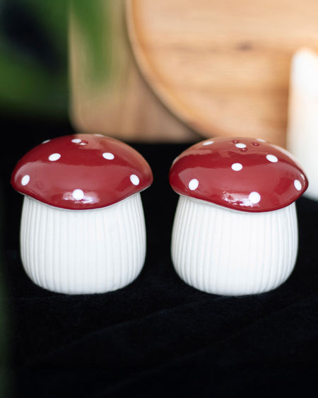 Lifestyle photo of the Rebel Romance Mushroom Salt & Pepper Shaker Set on a dark surface with a cosy cottagecore kitchen background. A charming woodland-themed touch for any alternative home or mushroom gift for a friend.