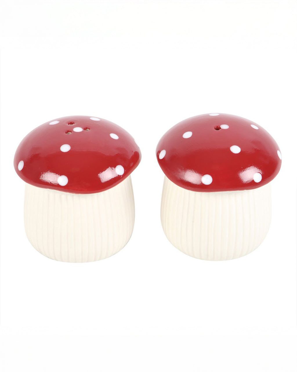 Front view of Rebel Romance’s Mushroom Salt & Pepper Shaker Set, showing the distinct hole patterns on each red mushroom cap to differentiate between salt and pepper. Cottagecore style gift for a new home.