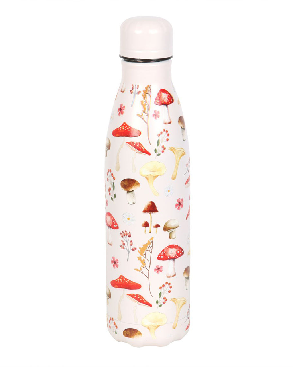 A front view of the Mushroom Print Metal Water Bottle by Rebel Romance, highlighting the intricate forest-themed design. A stylish, eco-friendly way to stay hydrated in nature or on the go.