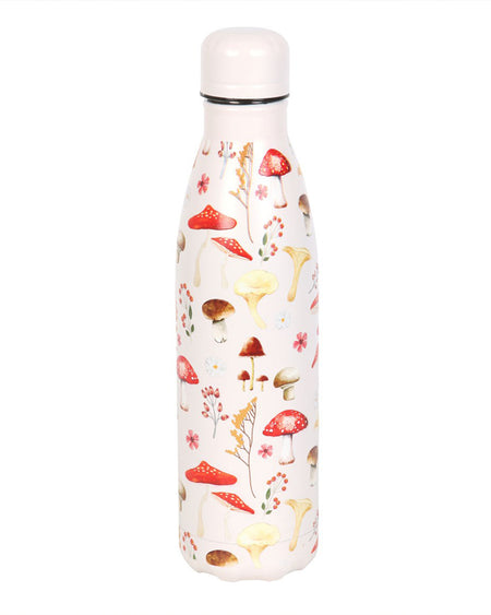 A front view of the Mushroom Print Metal Water Bottle by Rebel Romance, highlighting the intricate forest-themed design. A stylish, eco-friendly way to stay hydrated in nature or on the go.