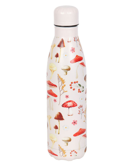 A side view of the Mushroom Print Metal Water Bottle by Rebel Romance, showcasing the full pattern of red, yellow, and brown mushrooms alongside delicate woodland florals on a soft cream background.