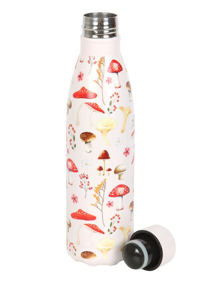 The Mushroom Print Metal Water Bottle by Rebel Romance with its cap removed. The stainless steel interior keeps drinks hot or cold while the secure screw-on lid prevents leaks—perfect for forest walks or busy days.