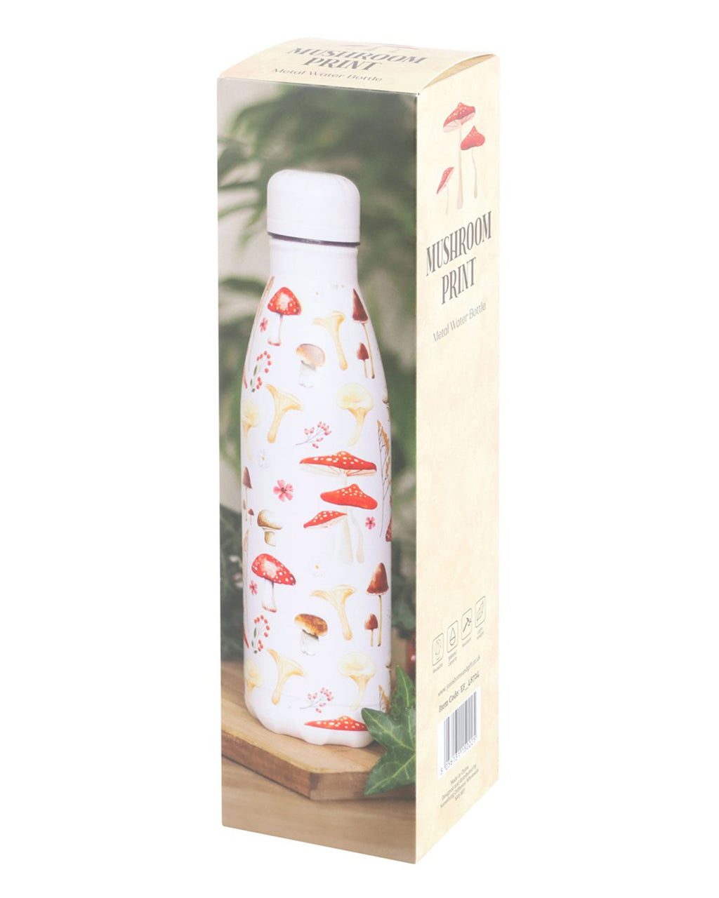 The Mushroom Print Metal Water Bottle by Rebel Romance in its packaging. The box matches the bottle’s charming woodland aesthetic, featuring the same mushroom and floral design, ideal for gifting.