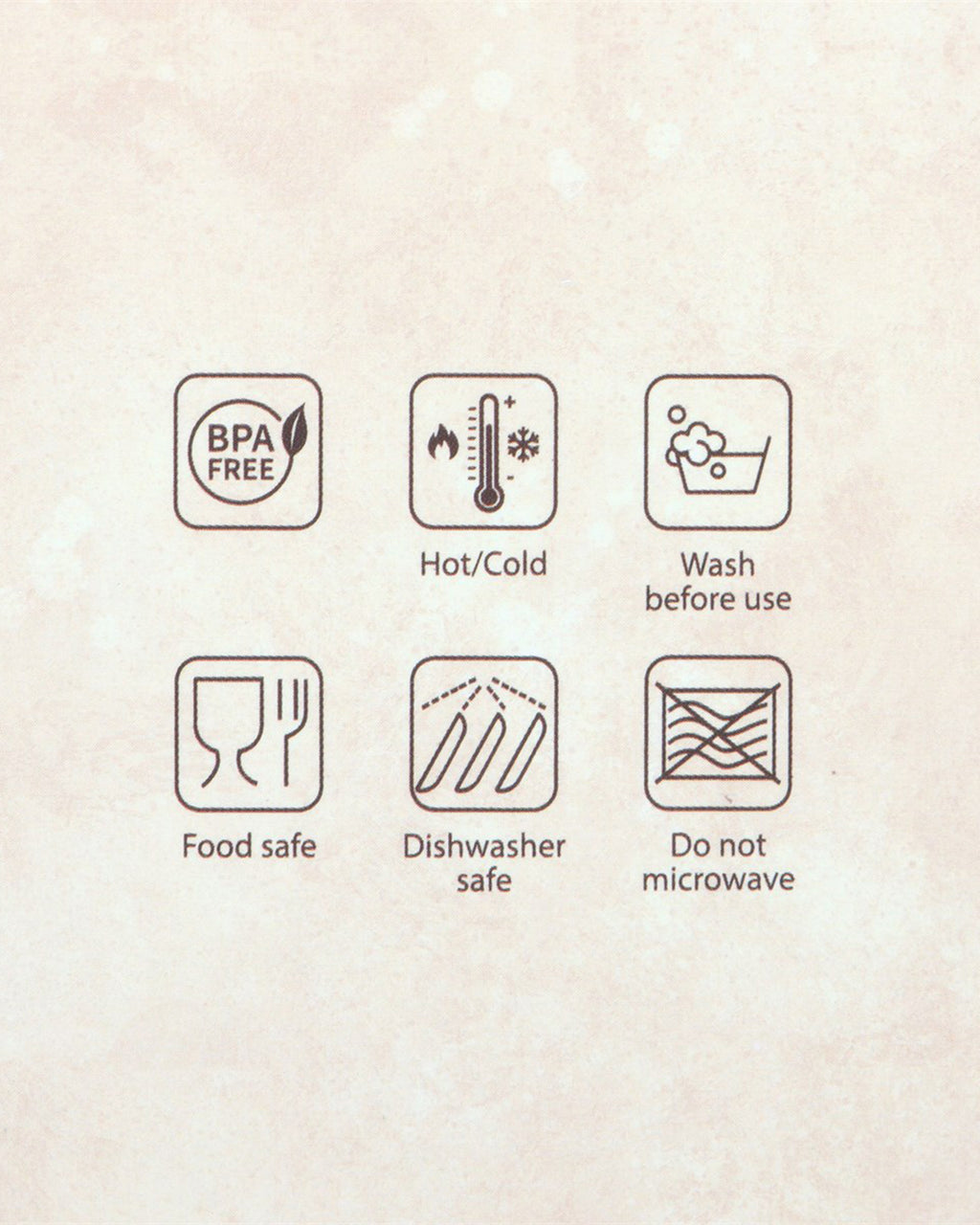 Product care icons for the Mushroom Print Metal Water Bottle by Rebel Romance. The BPA-free bottle is suitable for hot and cold drinks, food-safe, dishwasher-safe, but not microwave-safe. Eco-friendly and stylish for daily hydration.