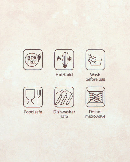 Product care icons for the Mushroom Print Metal Water Bottle by Rebel Romance. The BPA-free bottle is suitable for hot and cold drinks, food-safe, dishwasher-safe, but not microwave-safe. Eco-friendly and stylish for daily hydration.