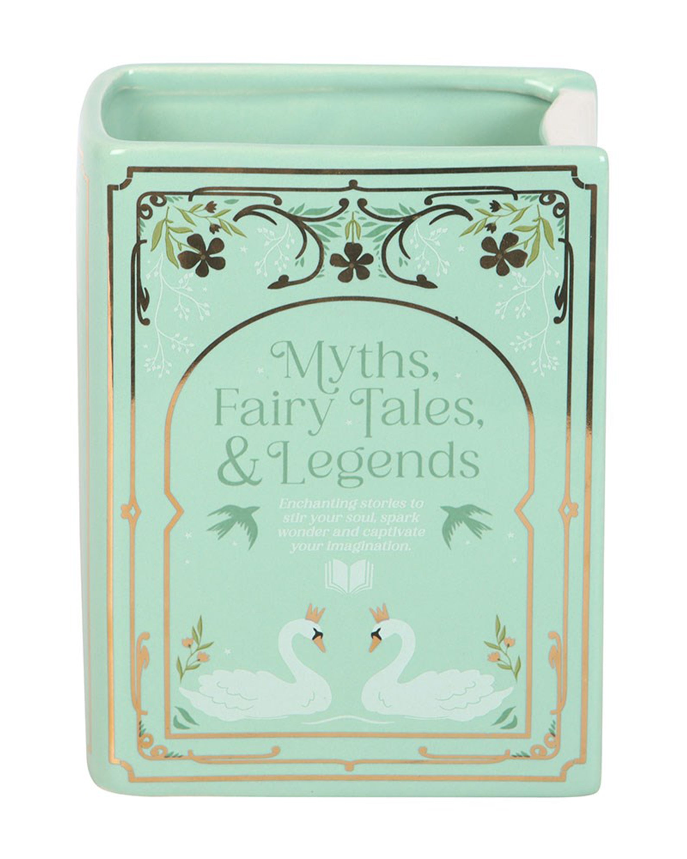 Close-up of the Rebel Romance Myths, Fairy Tales & Legends Green Book Shaped Vase. This ceramic book-shaped vase features elegant swan and floral illustrations with gold detailing, making it a magical homeware gift for readers and fantasy lovers.