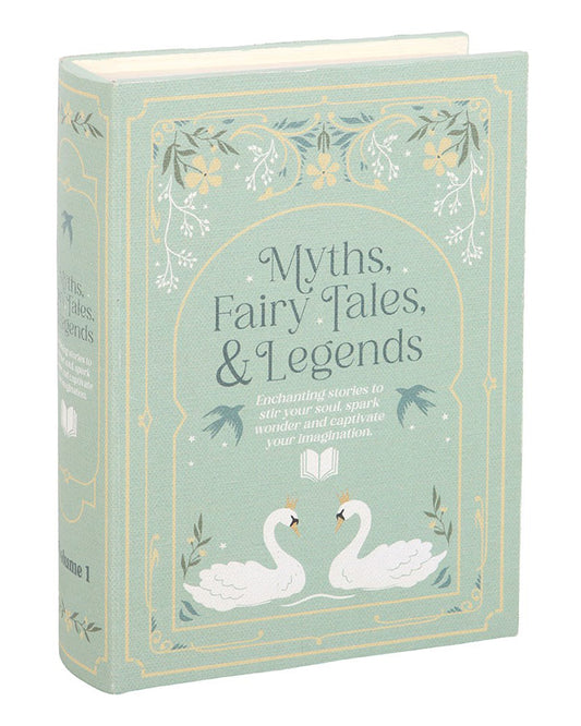 Front angled view of the Rebel Romance Myths, Fairy Tales & Legends storage box, designed to look like a classic hardback book. Decorated with swans, floral flourishes and debossed gold accents, it offers a whimsical storage solution for alternative home styling.
