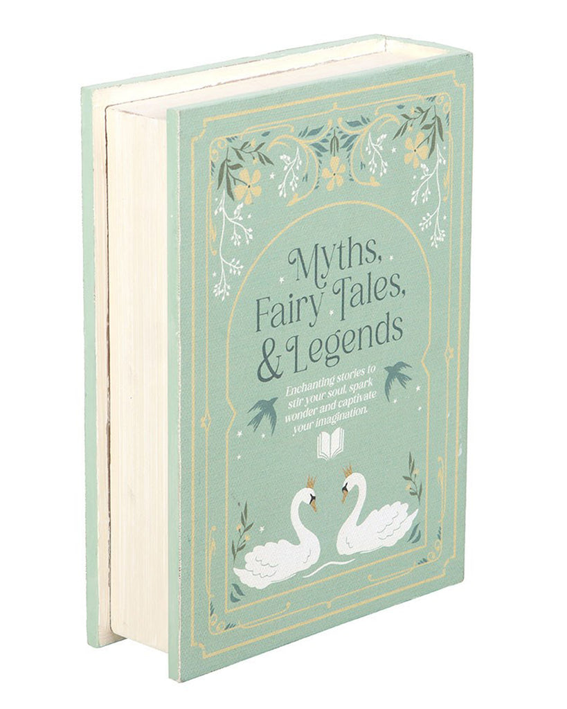 Rebel Romance Myths, Fairy Tales & Legends book shaped storage box in pastel green, styled with swan illustration and gold detailing. This vintage-inspired hardback design doubles as hidden storage for treasures, ideal for bookshelves, coffee tables, or magical home décor.