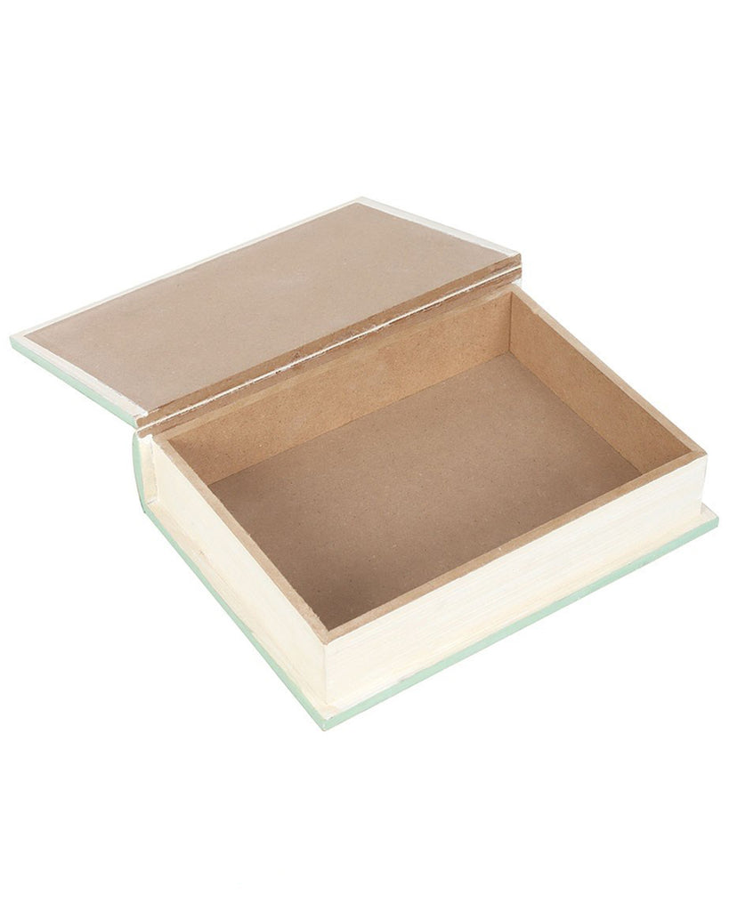 Inside view of the Rebel Romance Myths, Fairy Tales & Legends book shaped storage box. The hollow MDF interior is revealed, offering discreet storage for keepsakes, jewellery, or small essentials while blending seamlessly with real books on a shelf.