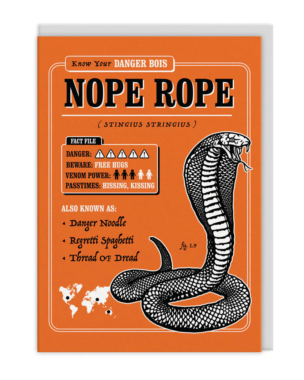 A6 orange greeting card from Rebel Romance featuring a black and white illustrated cobra titled “Nope Rope (Stingius Stringius)”. Designed with a faux fact file listing danger level, venom power, and silly nicknames like “Danger Noodle” and “Thread of Dread”. A quirky, retro-style card perfect for alternative celebrations. Includes a pastel grey envelope. Blank inside for your own message.
