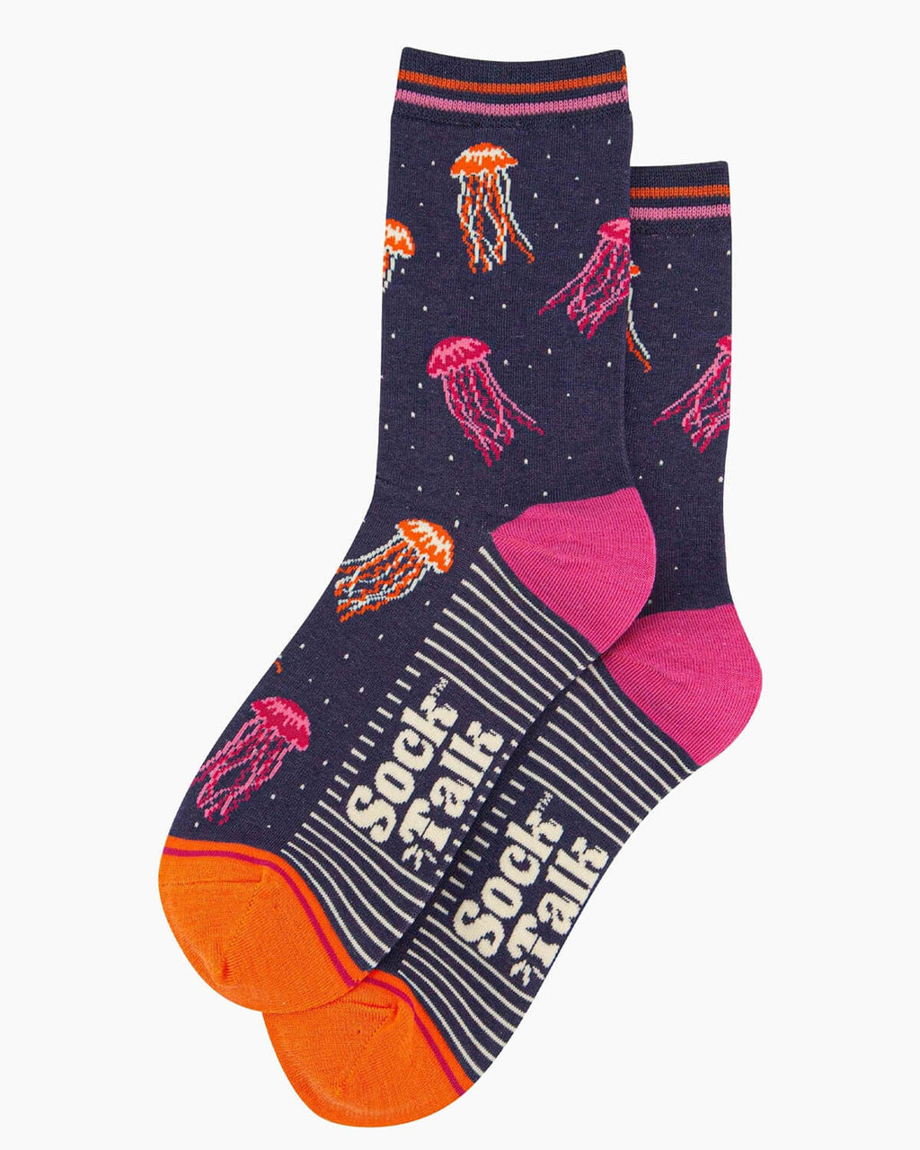 (Flat Lay of Socks): A pair of bamboo jellyfish socks laid flat, showcasing the Sock Talk logo on the foot, striped sole, and vibrant oceanic theme.
