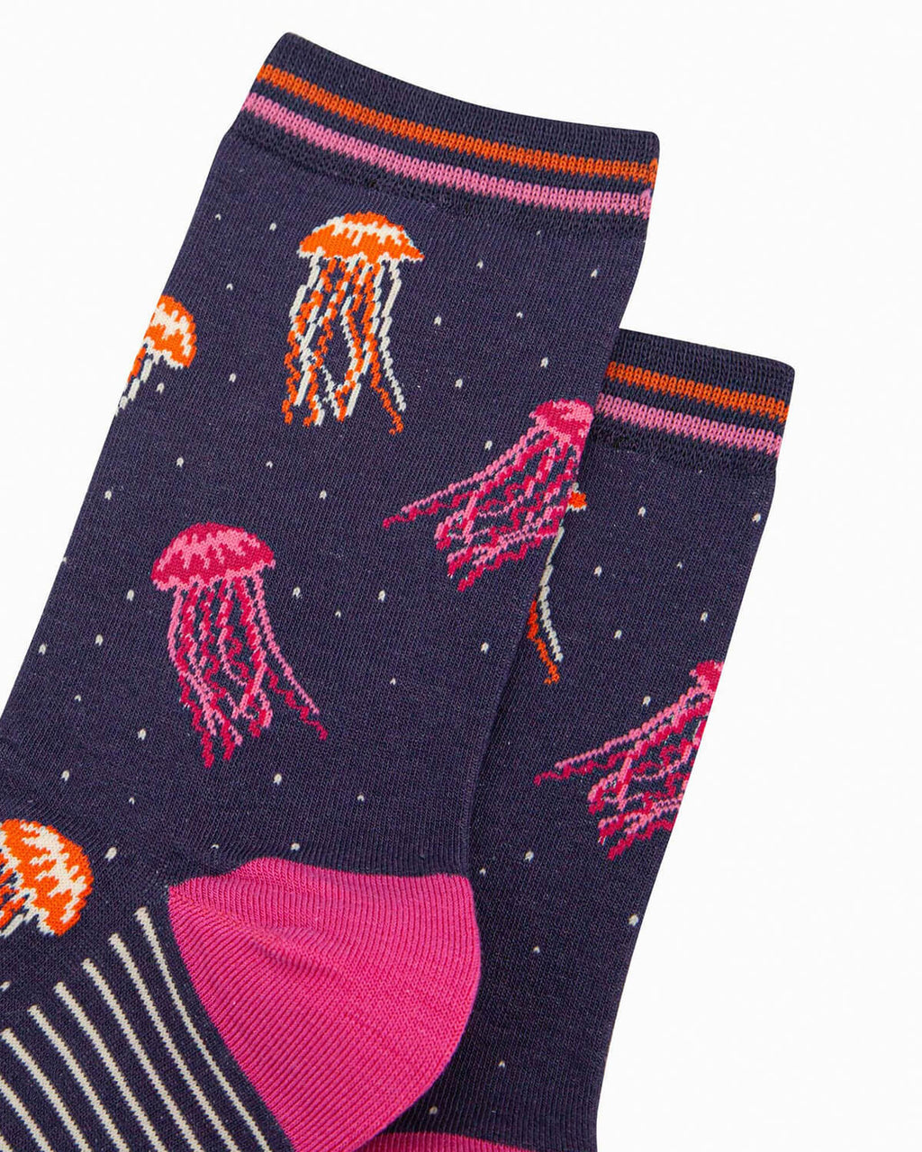 (Close-Up of Design): A detailed view of the jellyfish socks, showcasing the pixel-style pink and orange jellyfish, deep navy background, and soft striped cuff for extra detail.