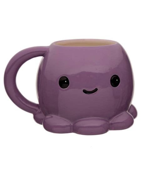 Front view of the Adoramals Octopus Mug by Rebel Romance with a happy black-eyed kawaii face and adorable cartoon smile.