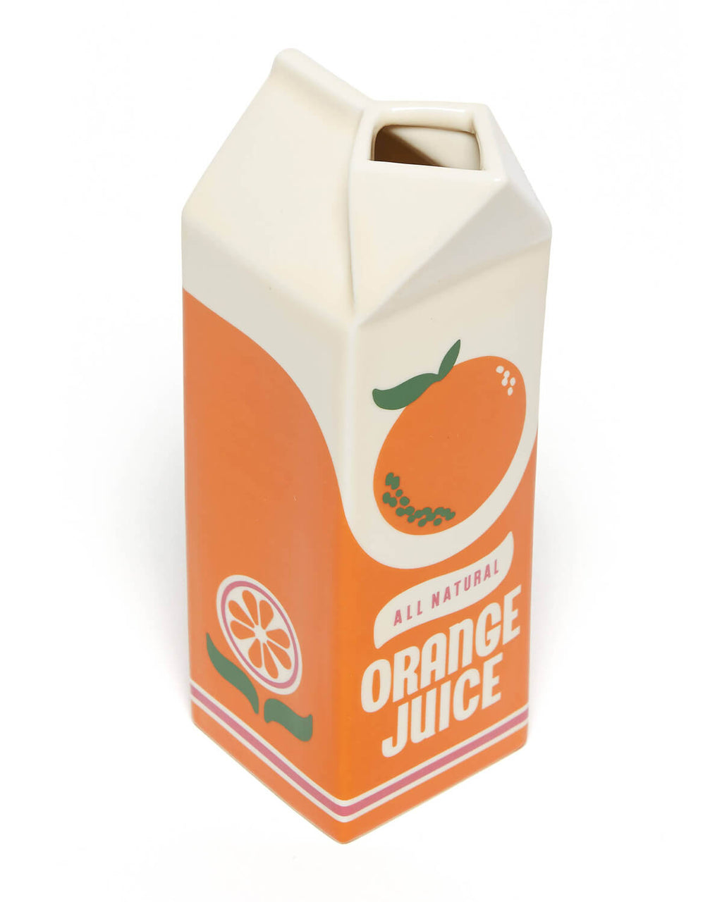 Side view of Ban.do Rise and Shine Vase – Orange Juice Edition – Close-up of the ceramic vase designed to look like an orange juice carton, showcasing the playful “All Natural Orange Juice” print and vibrant orange background.