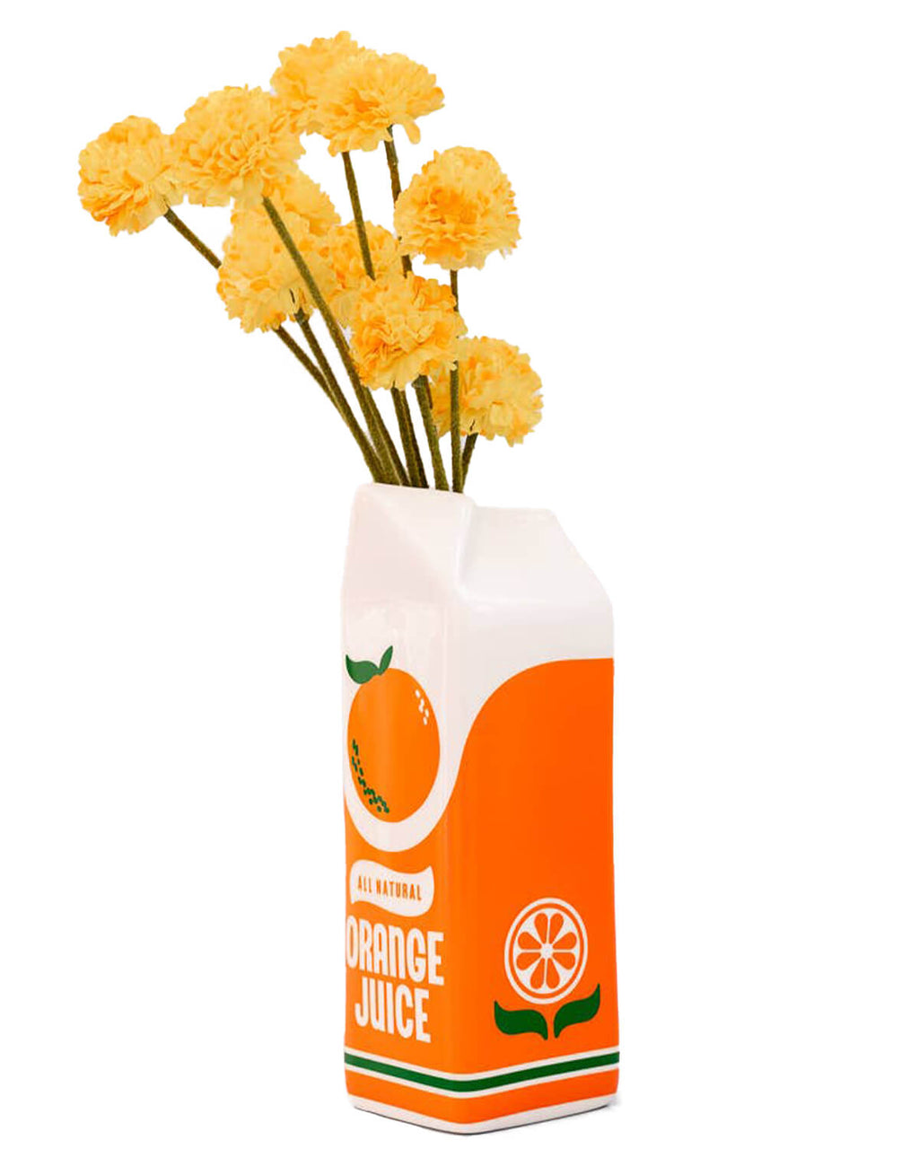 Rise and Shine Vase with yellow flowers – Orange juice carton-inspired vase by Ban.do, filled with bright yellow blooms, adding a splash of sunshine to any room.