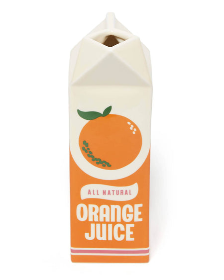 op view of Orange Juice Rise and Shine Vase by Ban.do – Ceramic vase shaped like an orange juice carton with a quirky retro design, perfect for flowers or as a fun home décor piece.
