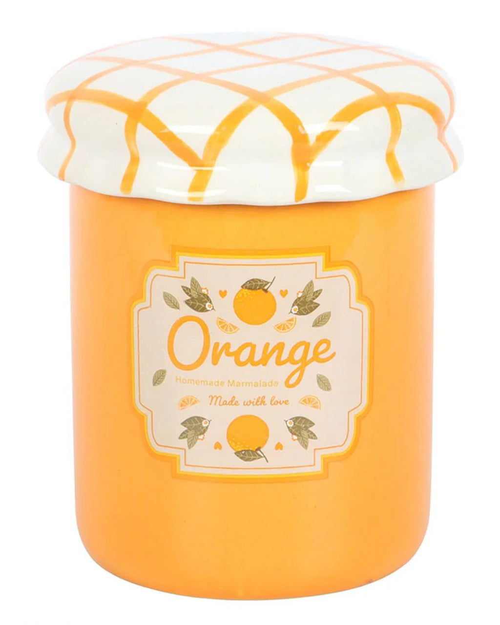 A full view of the orange marmalade oil burner with the lid on. The vibrant orange colour and realistic jam jar design make it a charming decorative piece.
