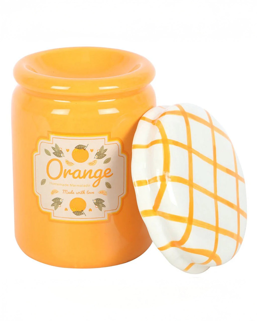 A close-up of the orange marmalade oil burner with its removable lid. The ceramic jar design features a vintage-style marmalade label, and the gingham-patterned lid adds a nostalgic touch.