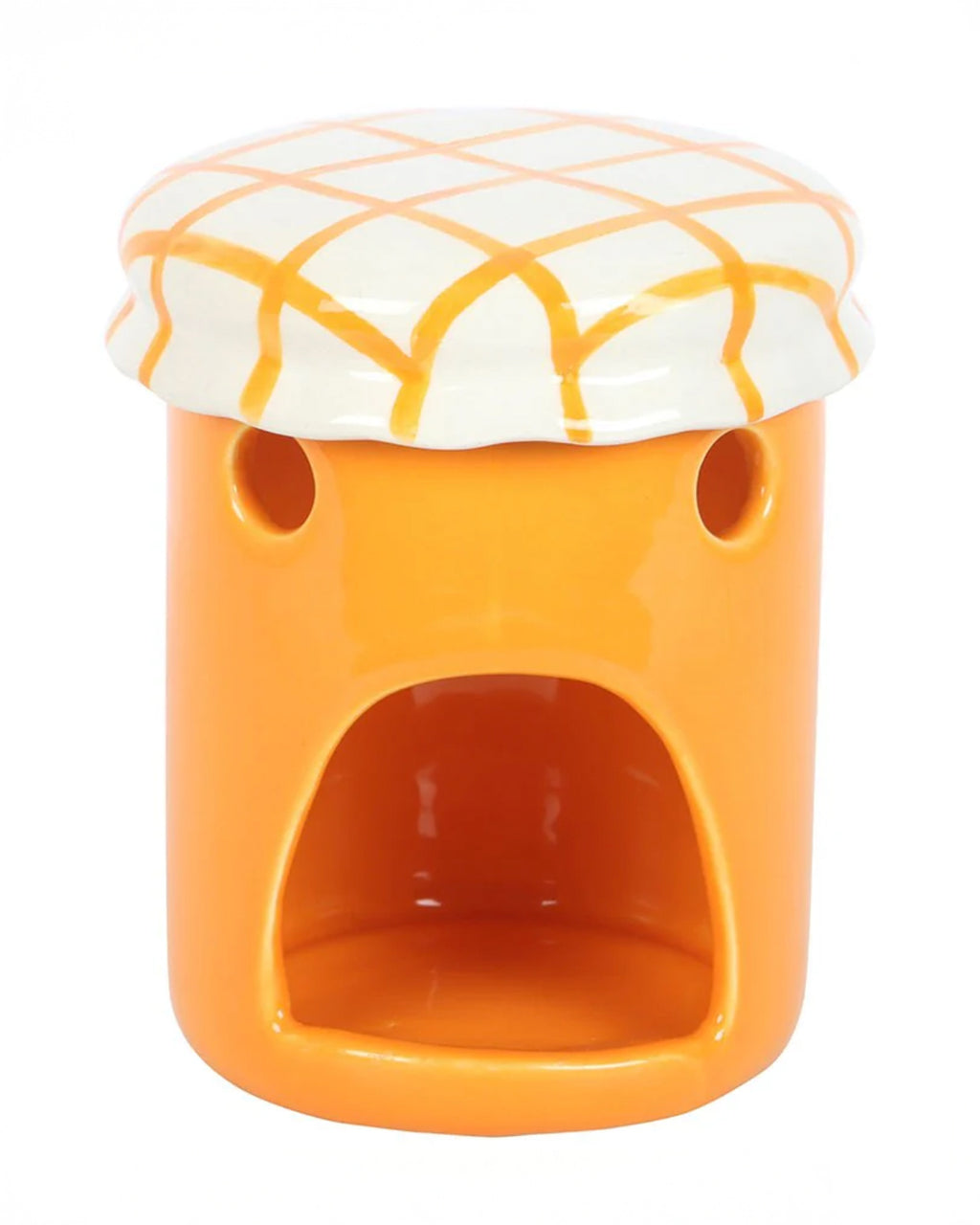 A front-facing view of the orange marmalade oil burner. The jar-shaped design features a large opening for placing a tealight candle, with side vents for heat distribution.