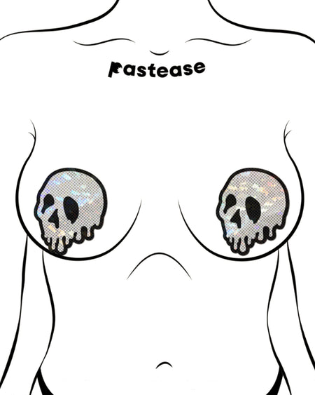 Skull Melt Pasties: Shattered Glass Drip Nipple Pasties by Pastease shown on a femme body outline for size reference on a white background.
