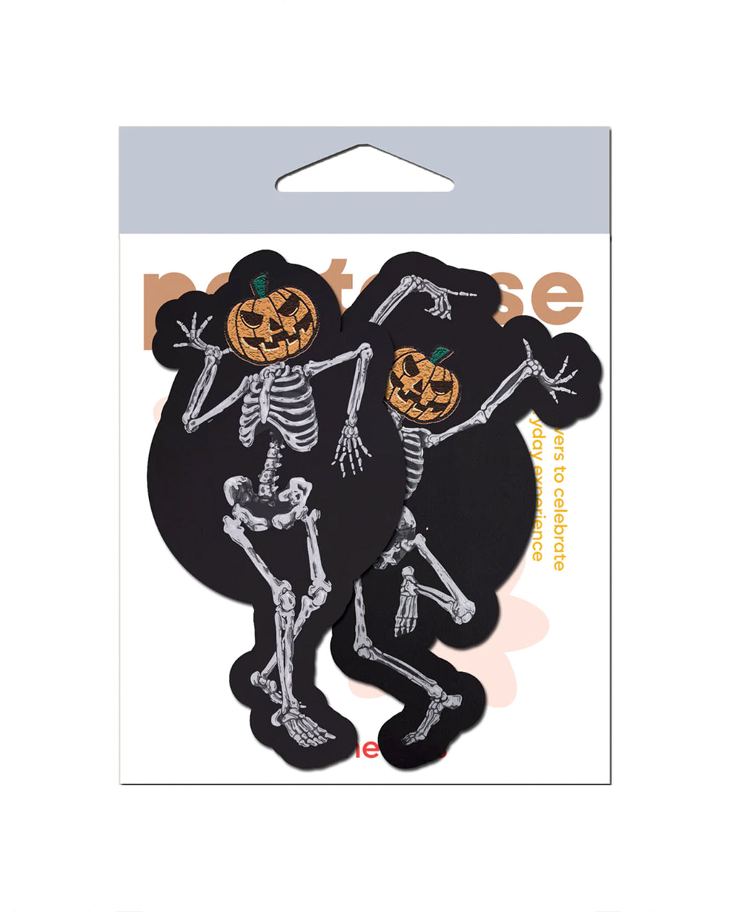 Dancing Skeletons Pasties with Pumpkin Heads Spooky Scary Skeletons nipple covers in their packet on a white background. One of the skeletons is dancing with one leg in the air and both arms up, while the other is dancing with arms bent and legs together. Both skeletons have orange spooky faced pumpkin heads.