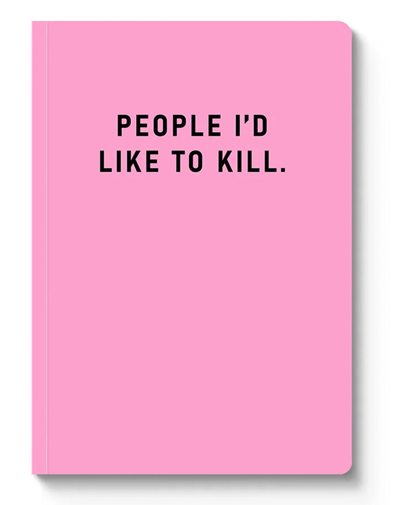 Pink paperback notebook with bold black text on the cover reading “People I’d Like to Kill.” A darkly humorous and sassy gift idea for those who love sarcasm, stationery, and making a bold statement. Sold by Rebel Romance, a small UK business celebrating alternative aesthetics for millennials who appreciate edgy humour and expressive design.