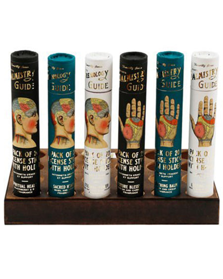 A display of multiple phrenology and palmistry incense sets, each featuring antique-inspired illustrations and a choice of scents like Rose, Eucalyptus, Jasmine, Lavender, Lemongrass, and Lotus. The aesthetic packaging makes them perfect for gifting or adding a touch of mystery to your home.