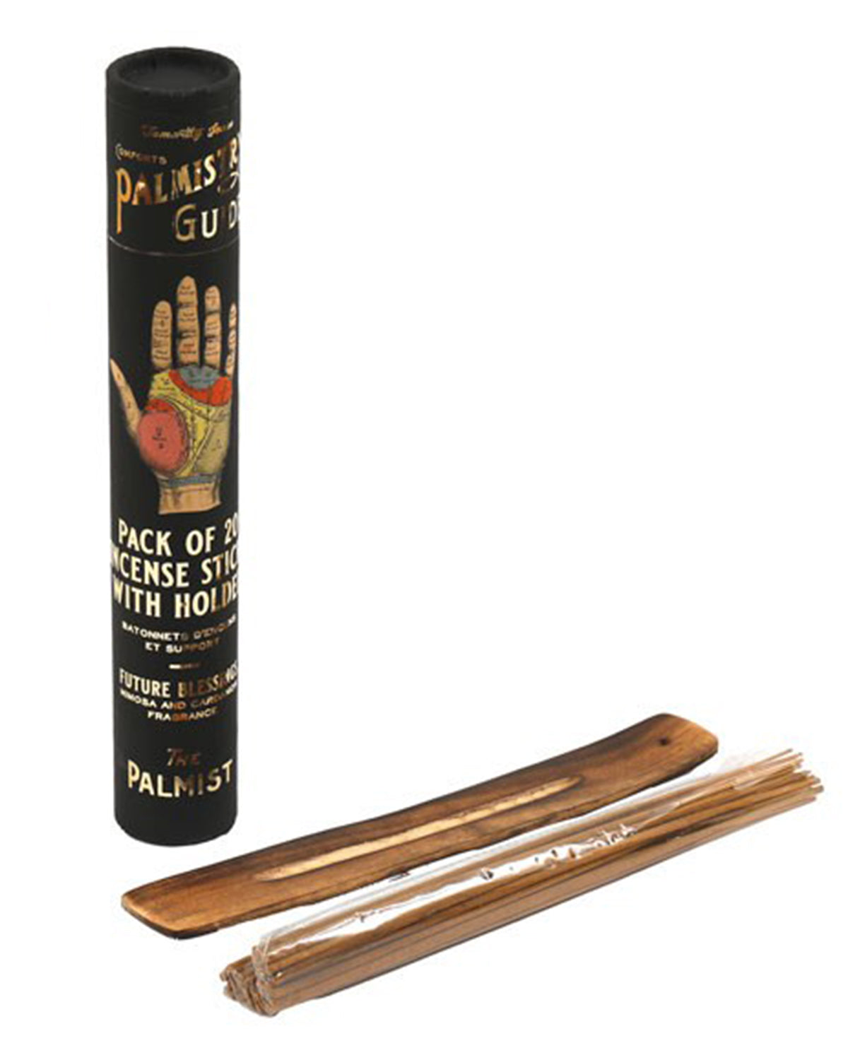 A set of Rebel Romance incense sticks with a vintage palmistry-inspired design, featuring an illustrated fortune-telling hand on black and gold packaging. The set includes 20 incense sticks and a wooden holder, making it a stylish and mystical addition to any space.
