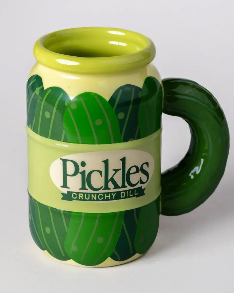 Side view of the Rebel Romance pickle jar mug showing the glossy green handle shaped like a cucumber. A playful and vibrant ceramic mug for fans of all things pickled.