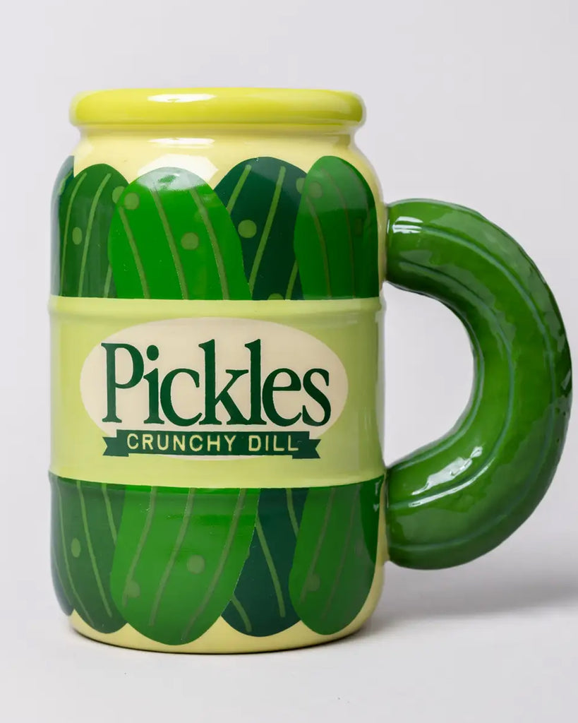 Front view of the Rebel Romance Novelty Pickle Jar Ceramic Mug. Shaped like a pickle jar with painted green pickles and a chunky pickle-style handle. A fun gift for pickle fans and collectors of odd mugs.