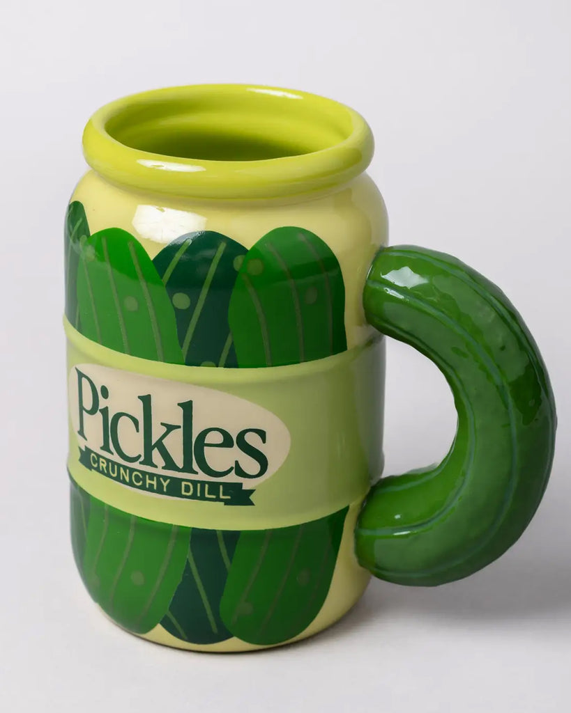 Angled top view of the Rebel Romance ceramic pickle jar mug. Shows the wide, bright green rim and pickle-decorated body. Ideal for funky homeware lovers or alternative mug collectors.