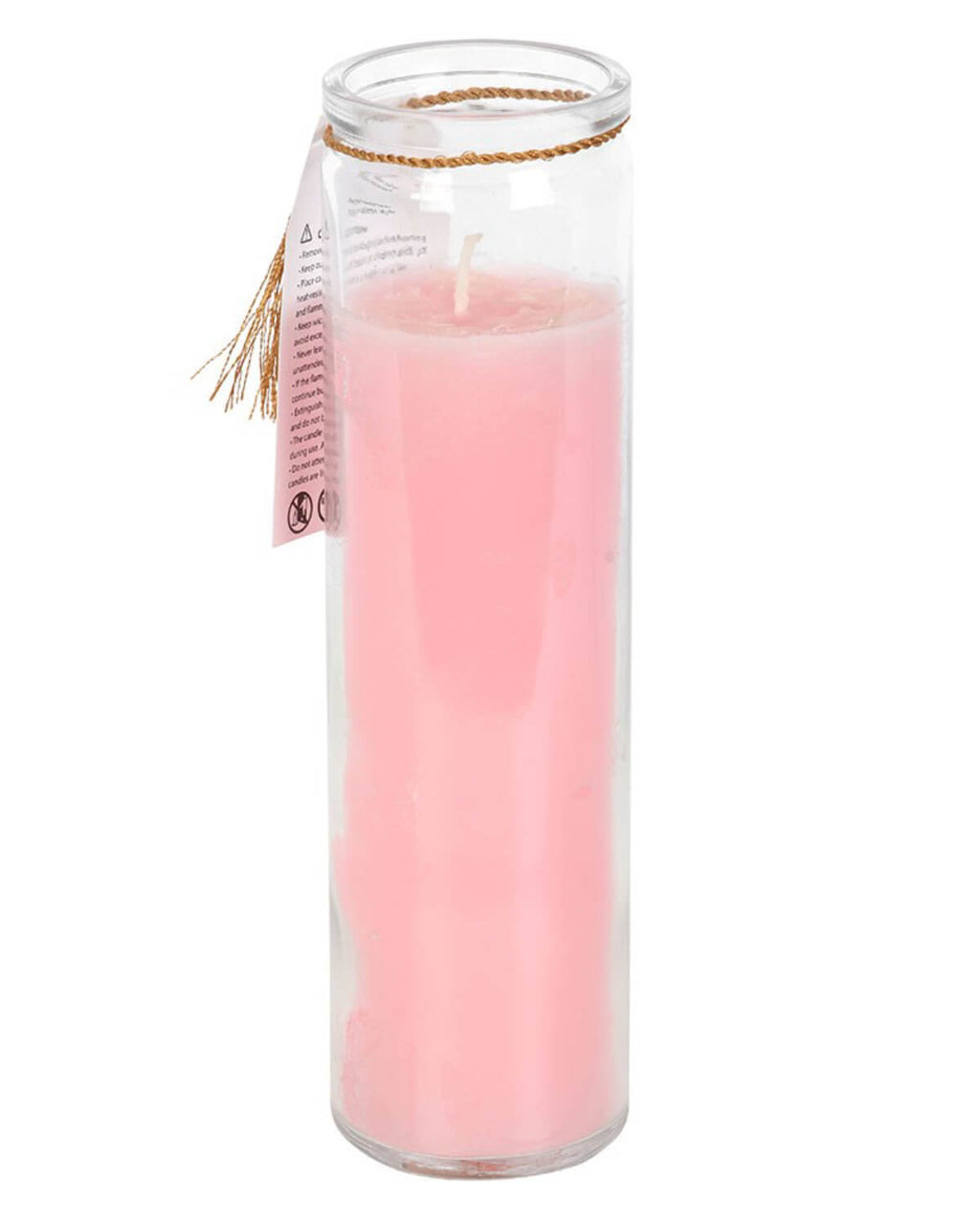 A tall, pink Mystic Rose Quartz Crystal tube candle with a gold tassel and an affirmation tag reading ‘Let your inner light shine,’ standing against a white background.
