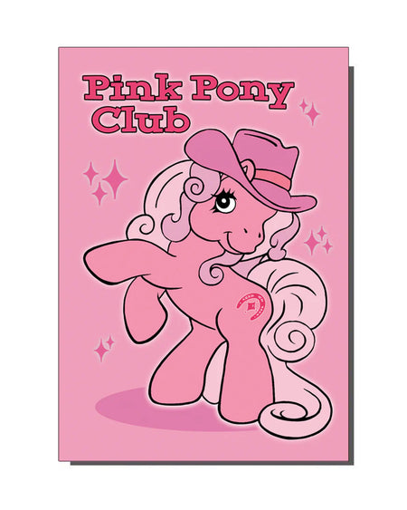 Pink Pony Club Card
A cute, retro-style illustration of a pink pony wearing a cowboy hat with the text “Pink Pony Club” in bold letters. The background is a bright pink, adding to the whimsical and nostalgic aesthetic by Bite Your Granny.
