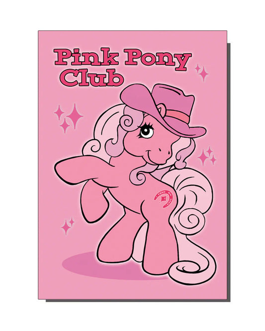 Pink Pony Club Card
A cute, retro-style illustration of a pink pony wearing a cowboy hat with the text “Pink Pony Club” in bold letters. The background is a bright pink, adding to the whimsical and nostalgic aesthetic by Bite Your Granny.