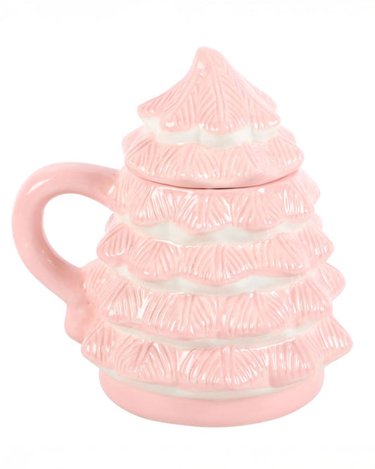 Angled view of the Pink Christmas Tree Shaped Mug from Rebel Romance. The lid is securely on, showing off the full layered Christmas tree effect in glossy pink ceramic.