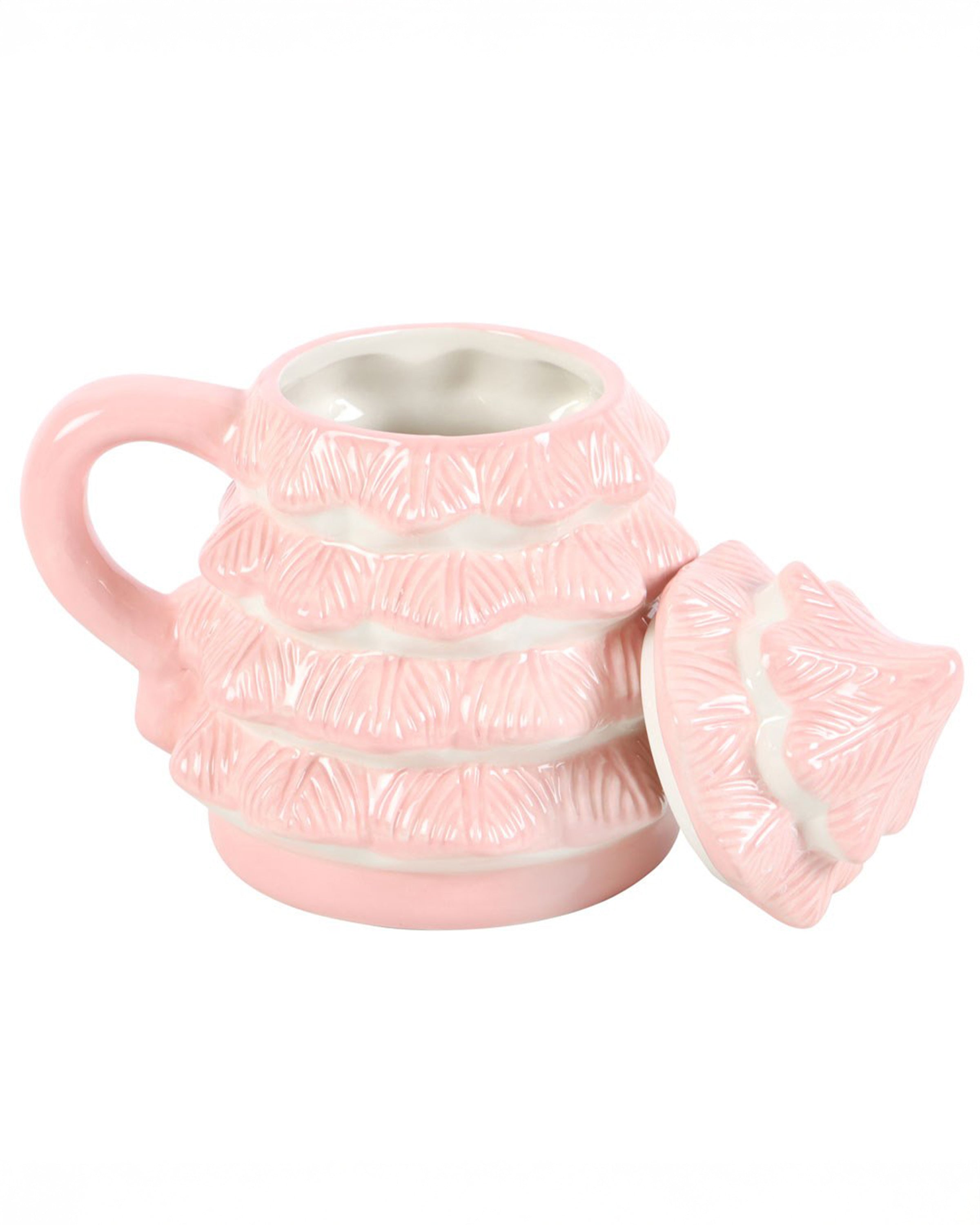 Side view of the Rebel Romance Pink Christmas Tree Mug with the lid removed and placed beside it. The inside of the ceramic mug is smooth and white, perfect for serving festive drinks like hot chocolate or spiced lattes.