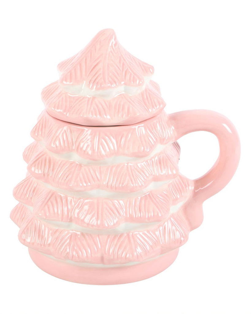 Front view of the Pink Christmas Tree Mug by Rebel Romance. This ceramic mug is shaped like a stylised festive tree in soft pink and white tones, featuring a textured layered design and a sturdy handle.