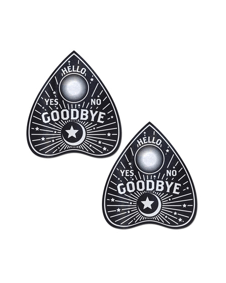 Ouija Planchette Nipple Pasties by Pastease®. Two witchy and spooky inspired ouija board planchette nipple covers on a white background. Perfect for a festival, pride, burlesque performance, only fans content or a party.