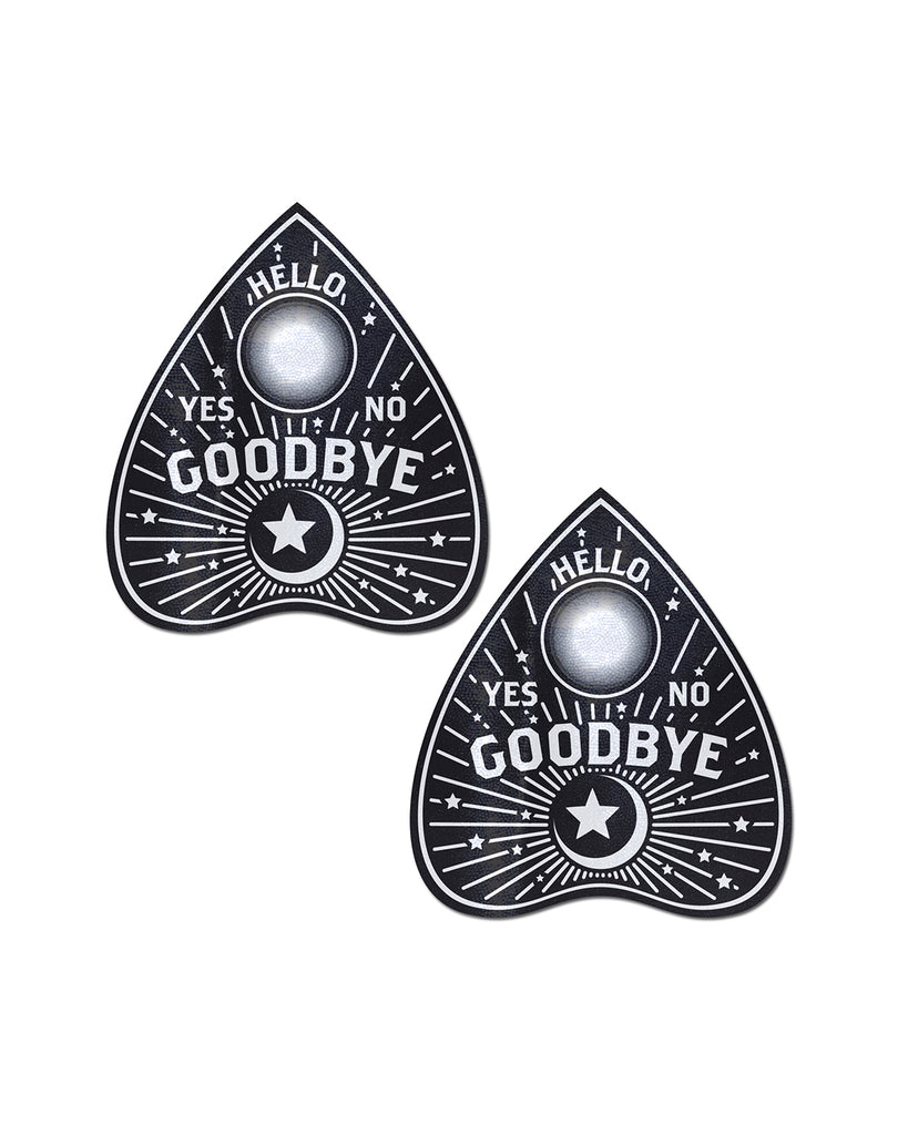 Ouija Planchette Nipple Pasties by Pastease®. Two witchy and spooky inspired ouija board planchette nipple covers on a white background. Perfect for a festival, pride, burlesque performance, only fans content or a party.