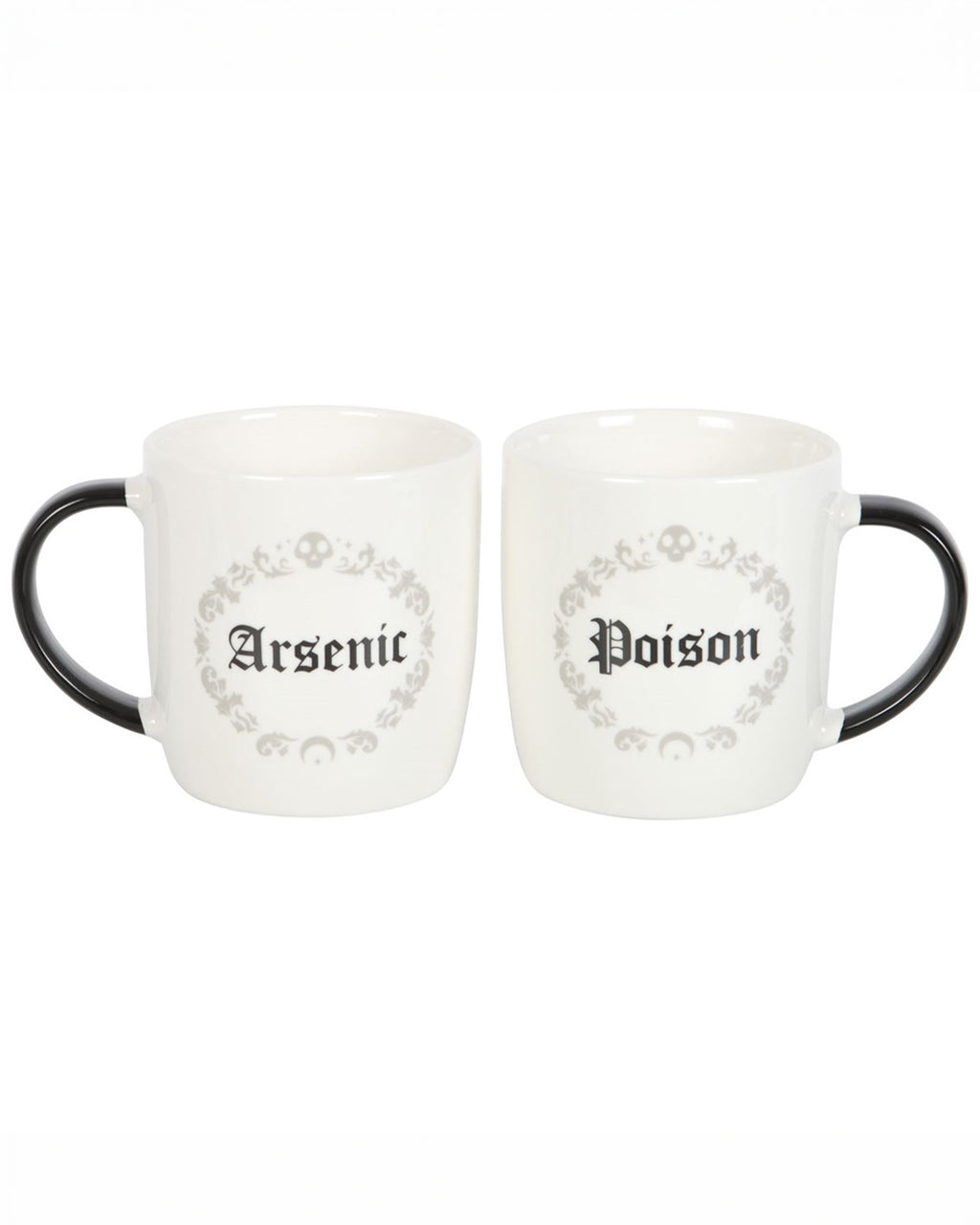 A pair of gothic-inspired white mugs from the goth shop Rebel Romance, featuring 