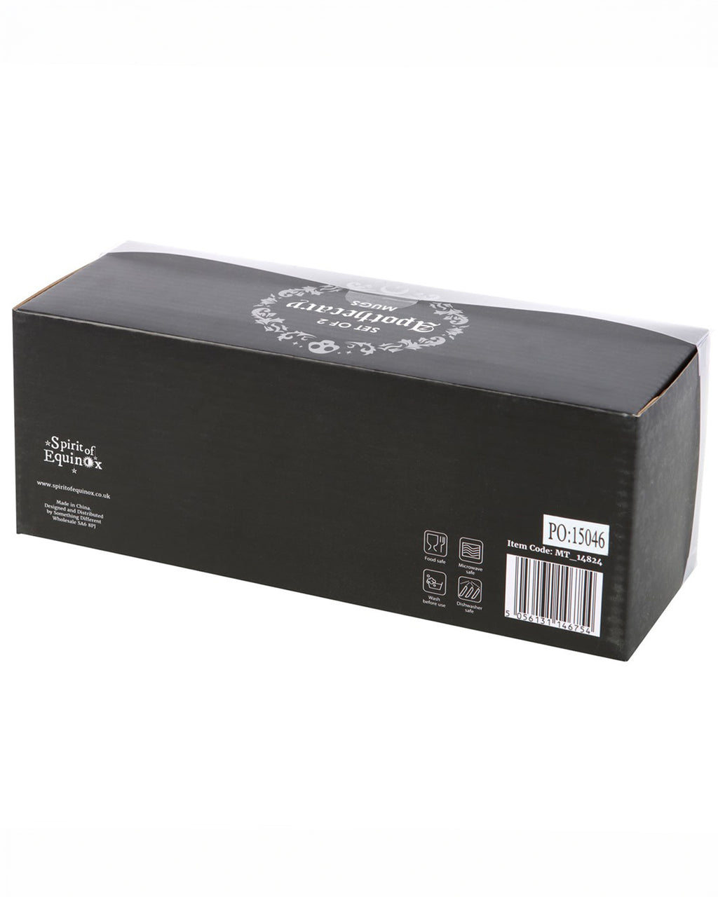 The back of the packaging for the Poison and Arsenic Couples Mug Set from the alternative gift store Rebel Romance. The sleek black box features white gothic-style lettering, care symbols indicating the mugs are microwave safe, dishwasher safe and food safe along with a barcode.