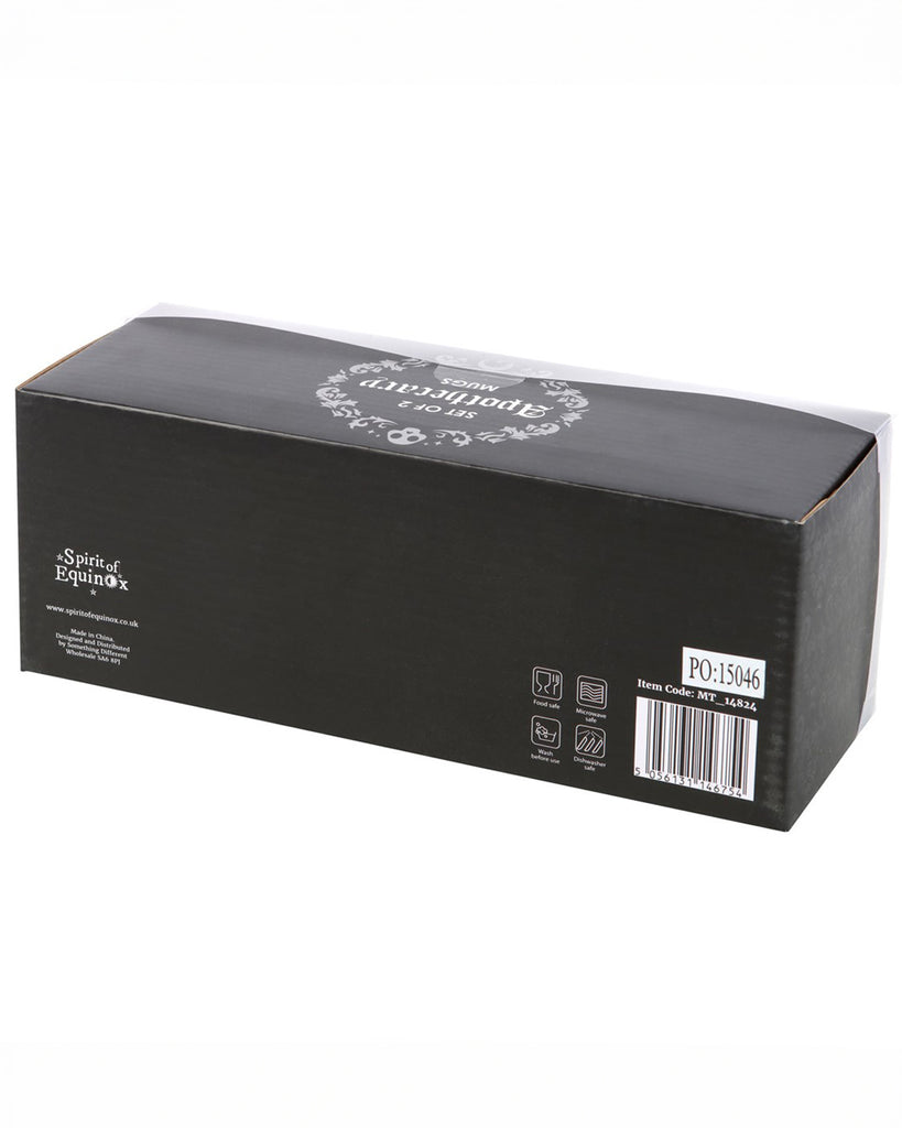 The back of the packaging for the Poison and Arsenic Couples Mug Set from the alternative gift store Rebel Romance. The sleek black box features white gothic-style lettering, care symbols indicating the mugs are microwave safe, dishwasher safe and food safe along with a barcode.