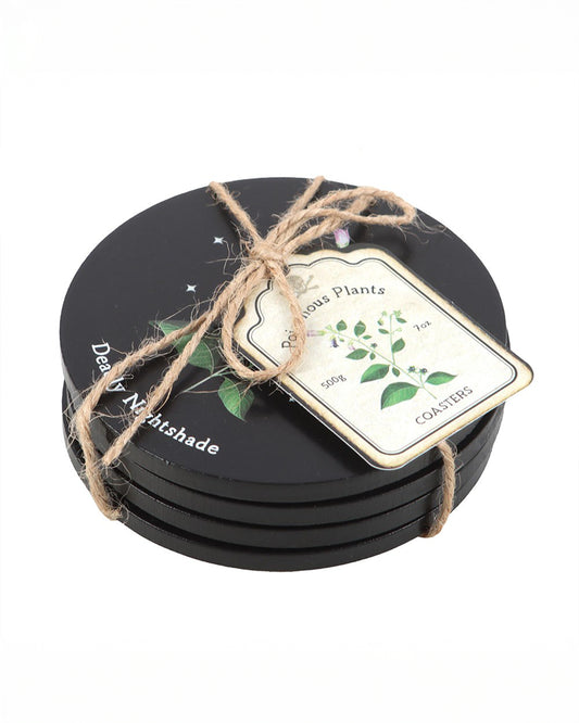 Stacked set of four round coasters tied with rustic string and a vintage-style tag reading “Poisonous Plants.” The design features botanical artwork. A stylish and alternative gift from Rebel Romance, a small UK business.