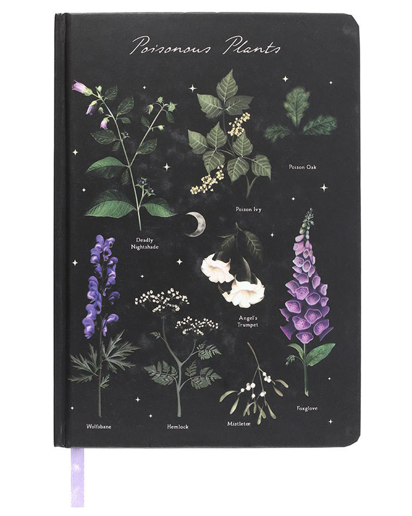 Front cover of the Poisonous Plants A5 Notebook by Rebel Romance, decorated with vintage-style botanical illustrations of deadly plants like Nightshade and Hemlock on a starry black background.