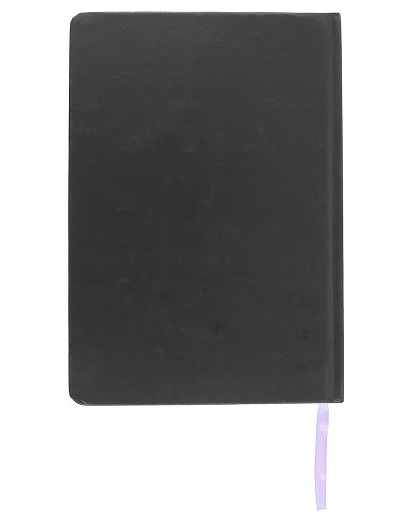 Rear view of the Rebel Romance Poisonous Plants A5 Notebook in matte black, featuring a purple ribbon bookmark and rounded corners for a sleek and functional design.
